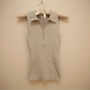 Cache Collared Zip Ribbed Tank Top - Cream